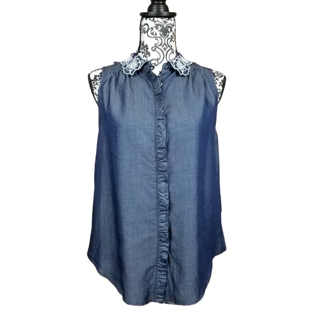 ELLE SLEEVELESS DENIM LOOKING TOP W/ ROSE COLLAR (S)